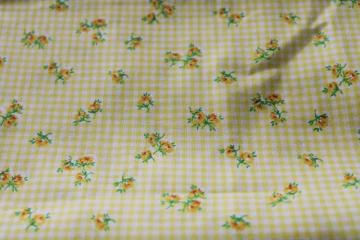 70s vintage fabric hippie prairie girl print calico sprig floral on yellow gingham checks 