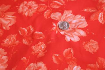 catalog photo of 70s vintage fabric, poly tricot knit w/ retro flowered print coral / tomato red