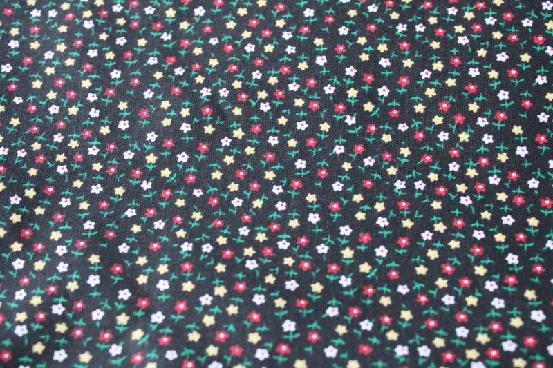 photo of 70s vintage fabric, print cotton tiny flowers on black, prairie girl calico #1