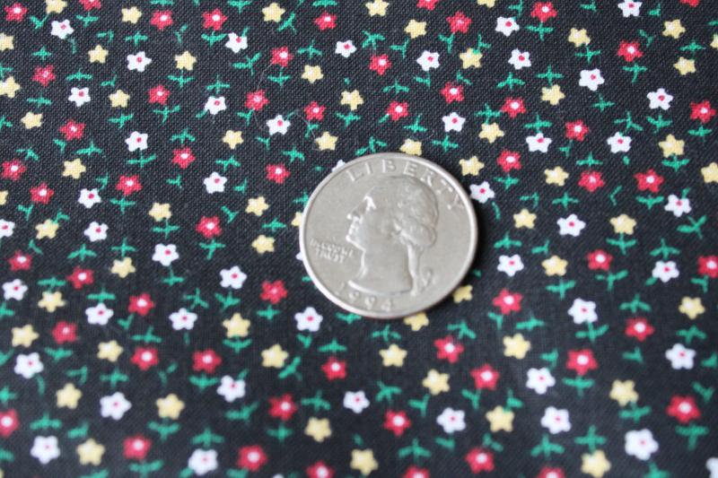 photo of 70s vintage fabric, print cotton tiny flowers on black, prairie girl calico #2