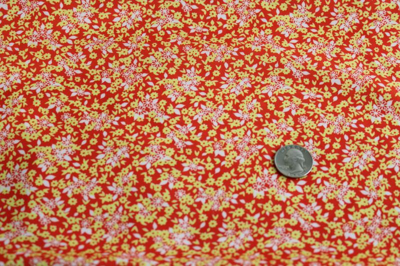 photo of 70s vintage fabric, retro poly knit w/ tiny floral print tangerine orange & lemon yellow #1