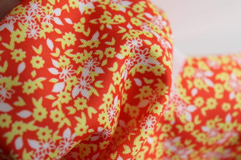 photo of 70s vintage fabric, retro poly knit w/ tiny floral print tangerine orange & lemon yellow #4