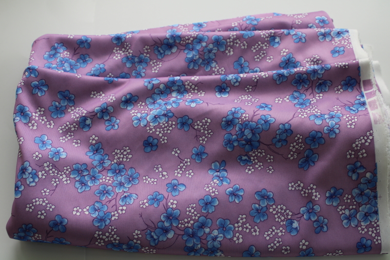 photo of 70s vintage fabric, retro poly tricot knit w/ floral print blue on lavender #1