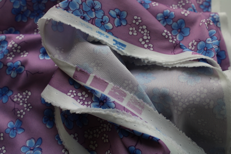 photo of 70s vintage fabric, retro poly tricot knit w/ floral print blue on lavender #2