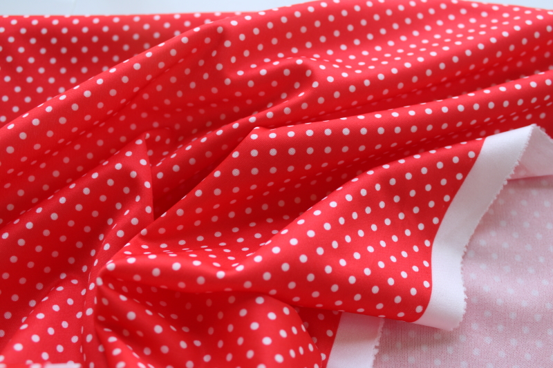photo of 70s vintage fabric, retro poly tricot knit red w/ white dots, pin dot print #3