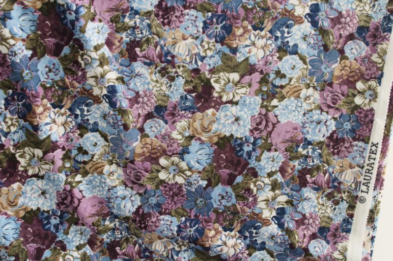 photo of 70s vintage floral print poly tricot, slinky knit fabric w/ flowers purple & blue #1