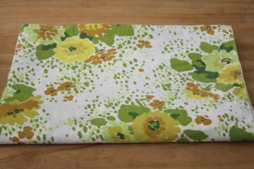 photo of 70s vintage flowered bedsheet twin size flat sheet, retro mod floral in shades of gold & lime green