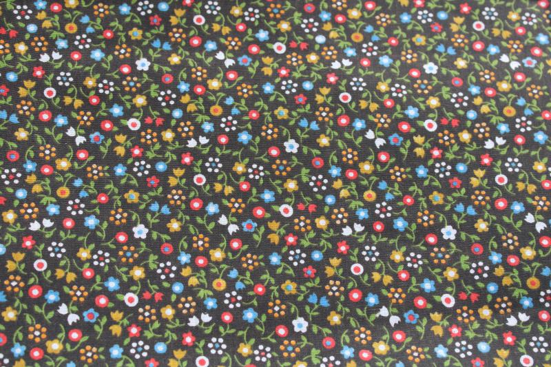 photo of 70s vintage flowered calico cotton or blend, olive green w/ bright flowers #1