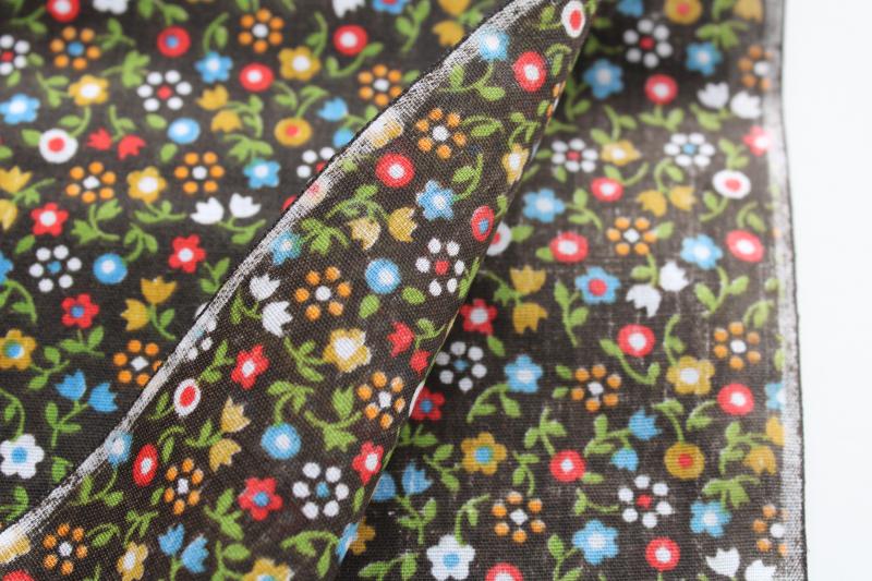 photo of 70s vintage flowered calico cotton or blend, olive green w/ bright flowers #2