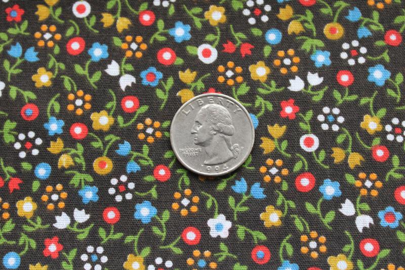 photo of 70s vintage flowered calico cotton or blend, olive green w/ bright flowers #3