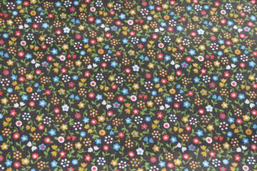 catalog photo of 70s vintage flowered calico cotton or blend, olive green w/ bright flowers