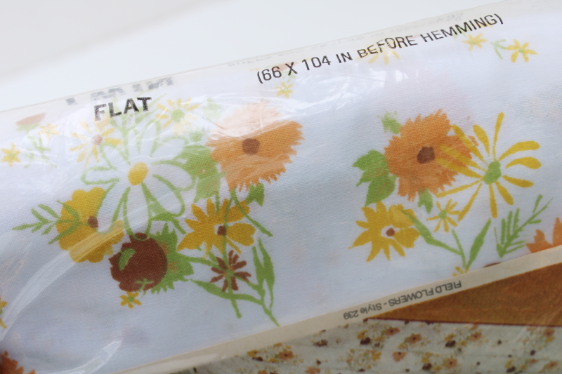 photo of 70s vintage flowered print cotton blend bedding, sealed new in package twin flat sheet hippie wildflowers #4