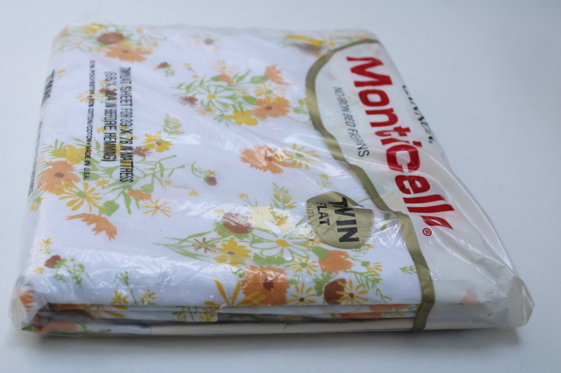 photo of 70s vintage flowered print cotton blend bedding, sealed new in package twin flat sheet hippie wildflowers #5