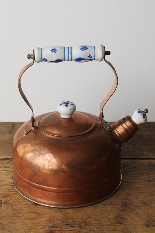 photo of 70s vintage french country cottage style copper tea kettle w/ blue & white china handle  #1