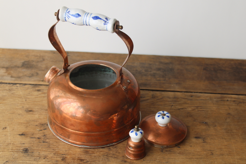 photo of 70s vintage french country cottage style copper tea kettle w/ blue & white china handle  #6