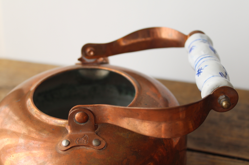 photo of 70s vintage french country cottage style copper tea kettle w/ blue & white china handle  #7