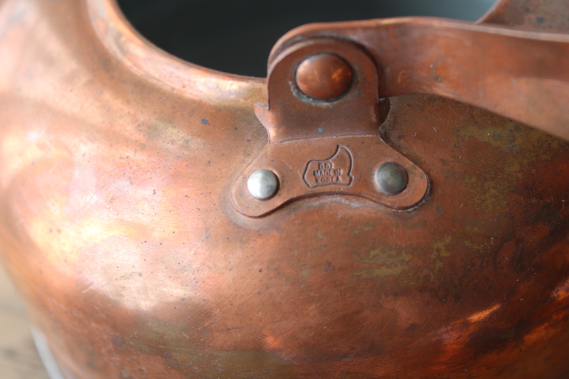 photo of 70s vintage french country cottage style copper tea kettle w/ blue & white china handle  #8