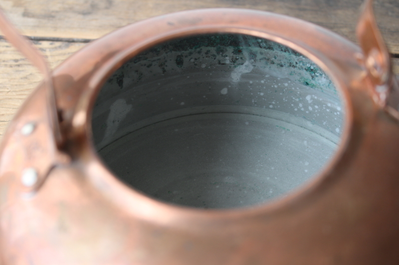 photo of 70s vintage french country cottage style copper tea kettle w/ blue & white china handle  #9