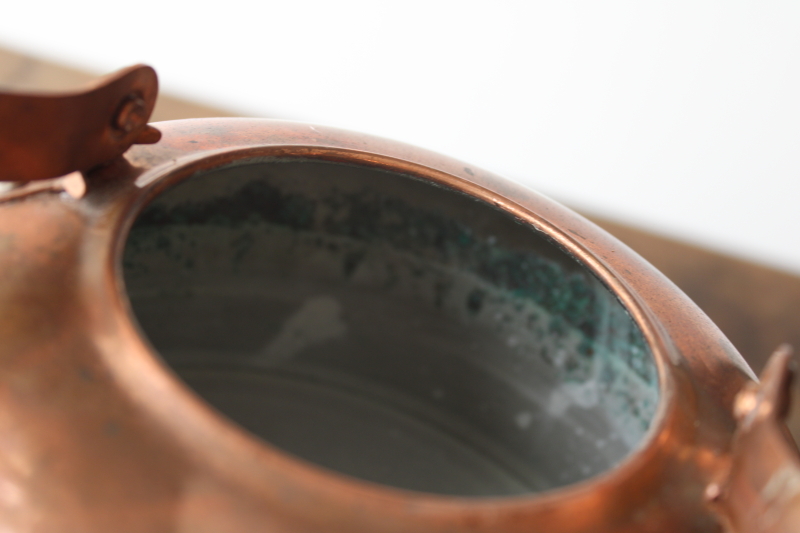 photo of 70s vintage french country cottage style copper tea kettle w/ blue & white china handle  #10