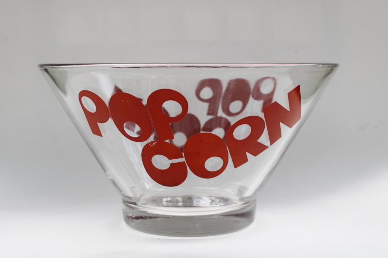 photo of 70s vintage glass popcorn bowl, POP CORN mid-century mod bold type font  #1