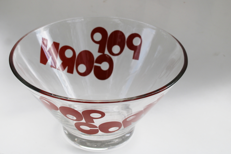 photo of 70s vintage glass popcorn bowl, POP CORN mid-century mod bold type font  #3