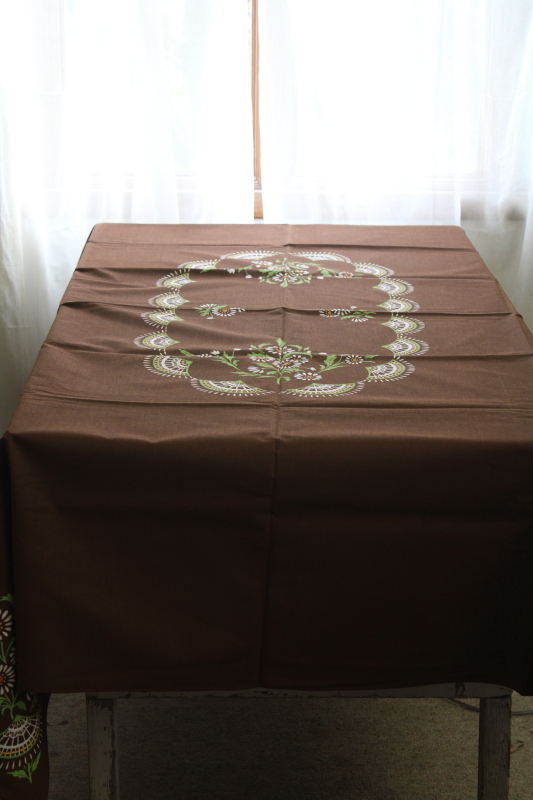 photo of 70s vintage granny cottage core tablecloth, hand painted daisy flowers on chocolate brown  #1