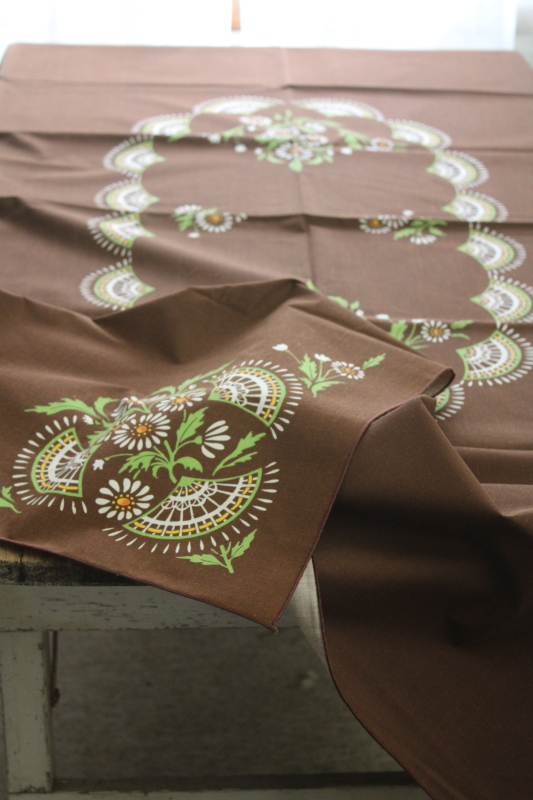 photo of 70s vintage granny cottage core tablecloth, hand painted daisy flowers on chocolate brown  #2