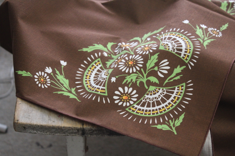 photo of 70s vintage granny cottage core tablecloth, hand painted daisy flowers on chocolate brown  #3