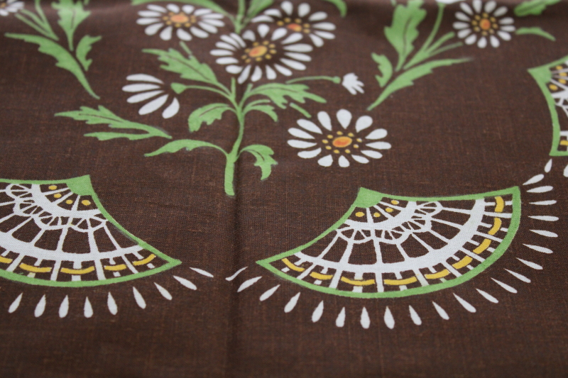 photo of 70s vintage granny cottage core tablecloth, hand painted daisy flowers on chocolate brown  #5