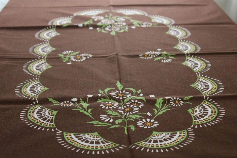 photo of 70s vintage granny cottage core tablecloth, hand painted daisy flowers on chocolate brown  #8