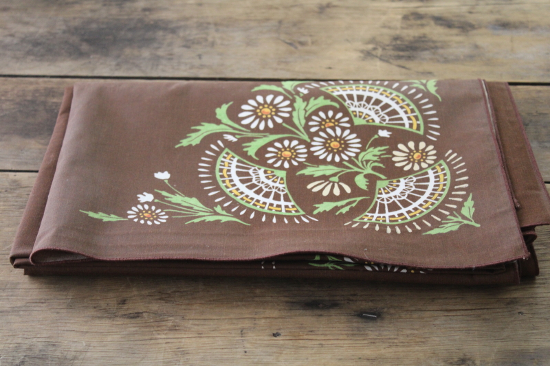 photo of 70s vintage granny cottage core tablecloth, hand painted daisy flowers on chocolate brown  #9