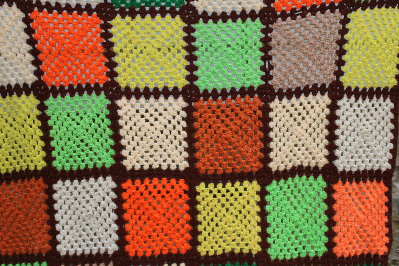 photo of 70s vintage granny squares crochet blanket, retro orange, green, yellow, brown  #2