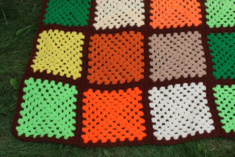 photo of 70s vintage granny squares crochet blanket, retro orange, green, yellow, brown  #3