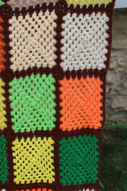 photo of 70s vintage granny squares crochet blanket, retro orange, green, yellow, brown  #4