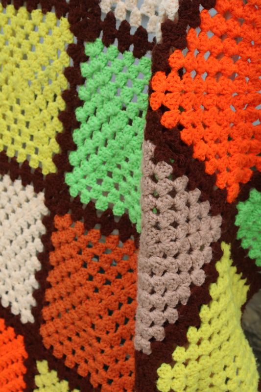 photo of 70s vintage granny squares crochet blanket, retro orange, green, yellow, brown  #5