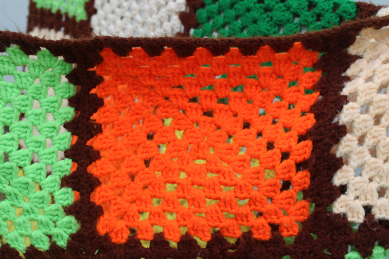 photo of 70s vintage granny squares crochet blanket, retro orange, green, yellow, brown  #6