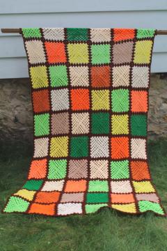 70s vintage granny squares crochet blanket, retro orange, green, yellow, brown 