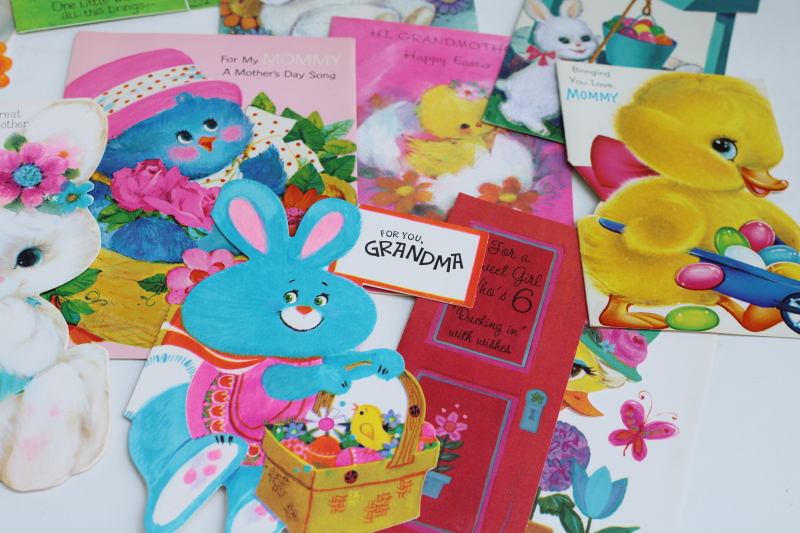 photo of 70s vintage greeting cards lot, cute overload baby animals, bright colors big eyed cartoons #3