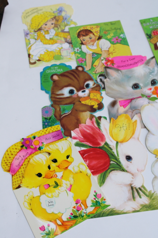 photo of 70s vintage greeting cards lot, cute overload baby animals, bright colors big eyed cartoons #4