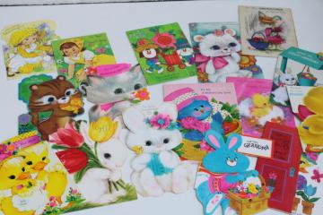 catalog photo of 70s vintage greeting cards lot, cute overload baby animals, bright colors big eyed cartoons 