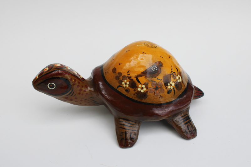 photo of 70s vintage hand painted Mexican folk art paper mache figurine, turtle or tortoise #1