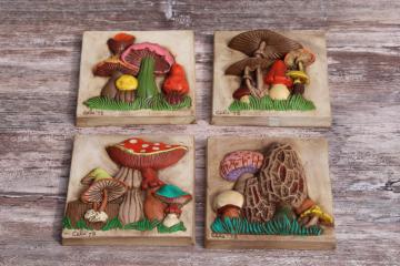 catalog photo of 70s vintage hand painted mushrooms ceramic tile wall art plaques, wild groovy retro decor