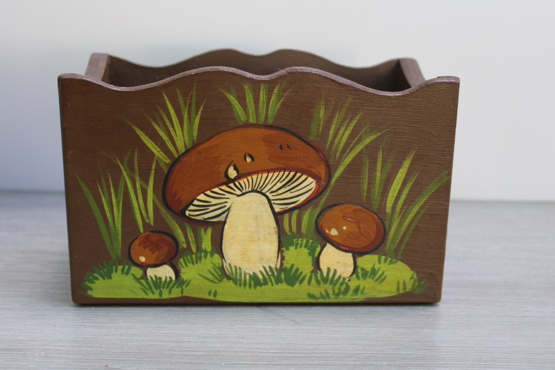 photo of 70s vintage hand painted mushrooms wood box, for holding recipes, napkin holder or planter?  #1