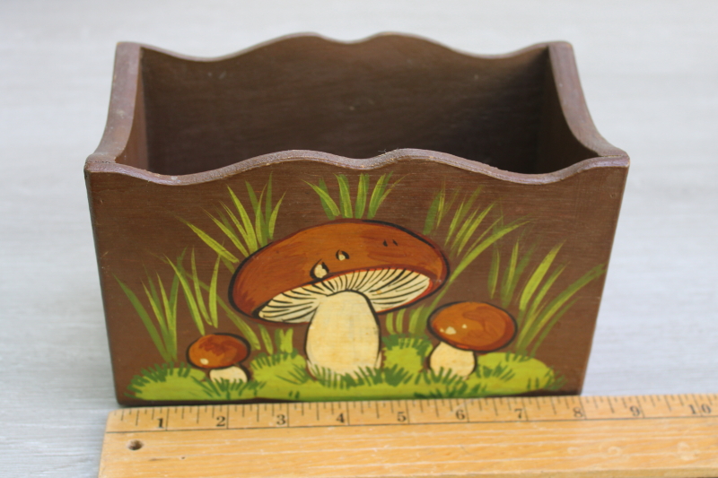 photo of 70s vintage hand painted mushrooms wood box, for holding recipes, napkin holder or planter?  #5