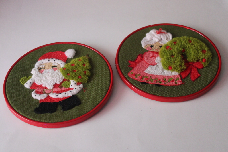 photo of 70s vintage hand stitched yarn embroidered pictures Santa & Mrs Claus hoop wall art Christmas decorations  #2