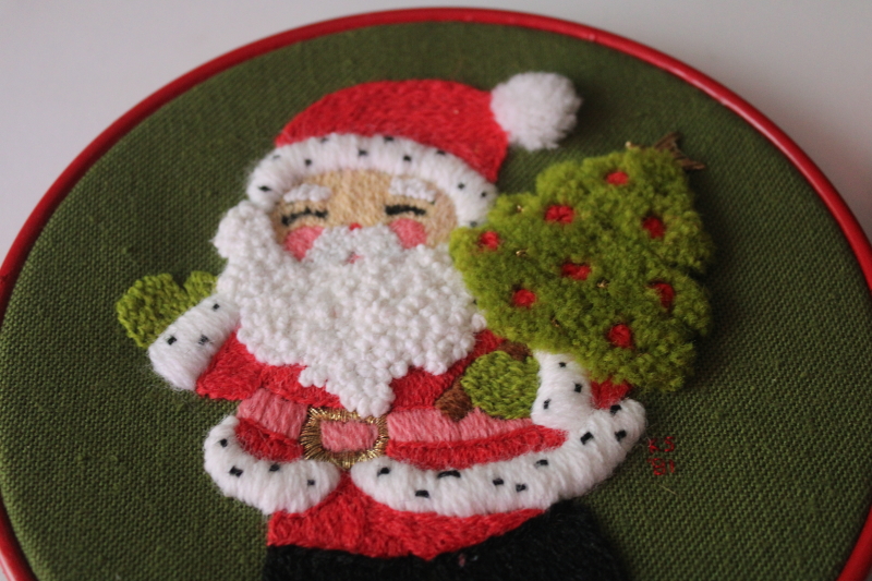 photo of 70s vintage hand stitched yarn embroidered pictures Santa & Mrs Claus hoop wall art Christmas decorations  #3