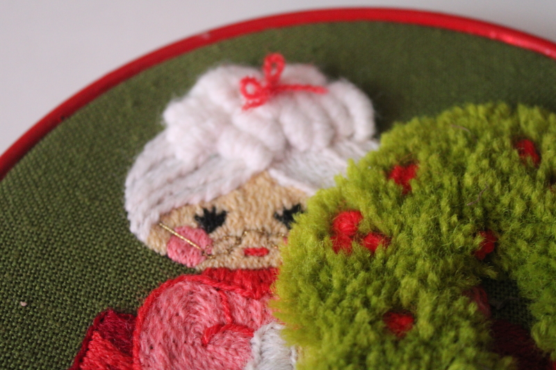 photo of 70s vintage hand stitched yarn embroidered pictures Santa & Mrs Claus hoop wall art Christmas decorations  #4