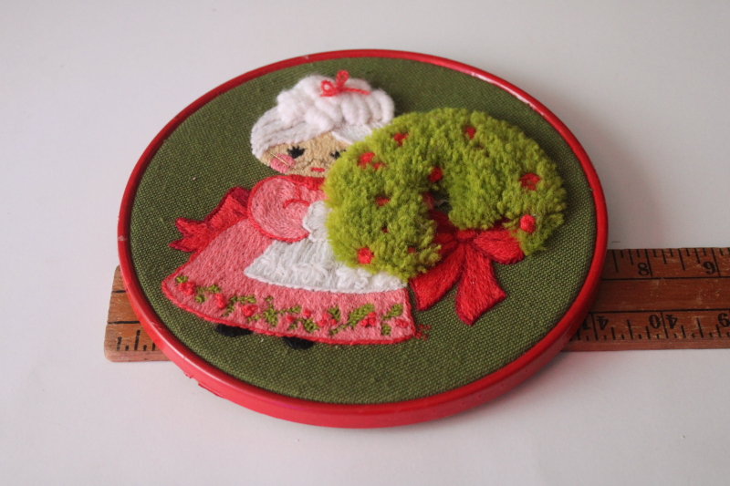 photo of 70s vintage hand stitched yarn embroidered pictures Santa & Mrs Claus hoop wall art Christmas decorations  #5