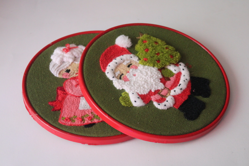 photo of 70s vintage hand stitched yarn embroidered pictures Santa & Mrs Claus hoop wall art Christmas decorations  #8