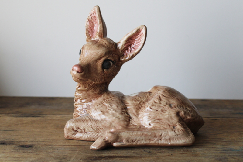 photo of 70s vintage handmade ceramic deer, large figurine baby fawn w/ w/ sweet silly face  #1